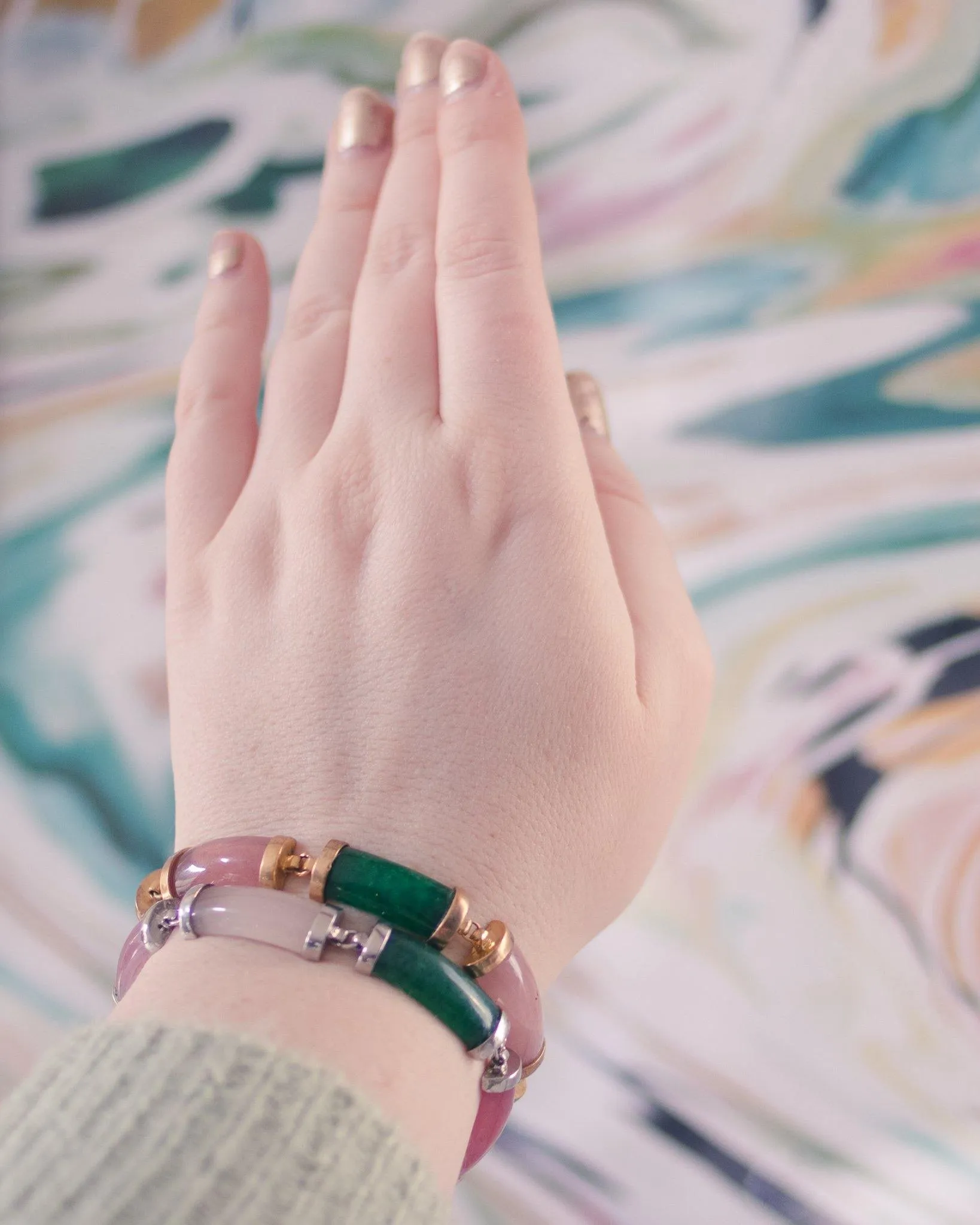 Vintage Pink and Green Jade Bracelet with Gold Tone Accents