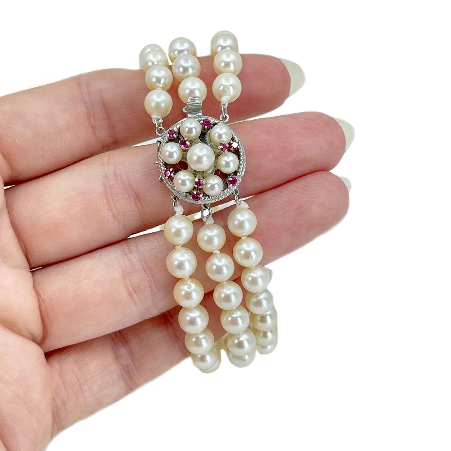 Vintage Triple Strand Pink Topaz Japanese Saltwater Akoya Cultured Pearl Bracelet- Sterling Silver