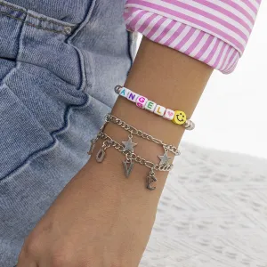 White Acrylic & Silver-Plated 'Love Angel' Beaded Stretch Bracelet Set