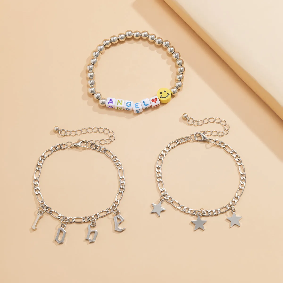 White Acrylic & Silver-Plated 'Love Angel' Beaded Stretch Bracelet Set