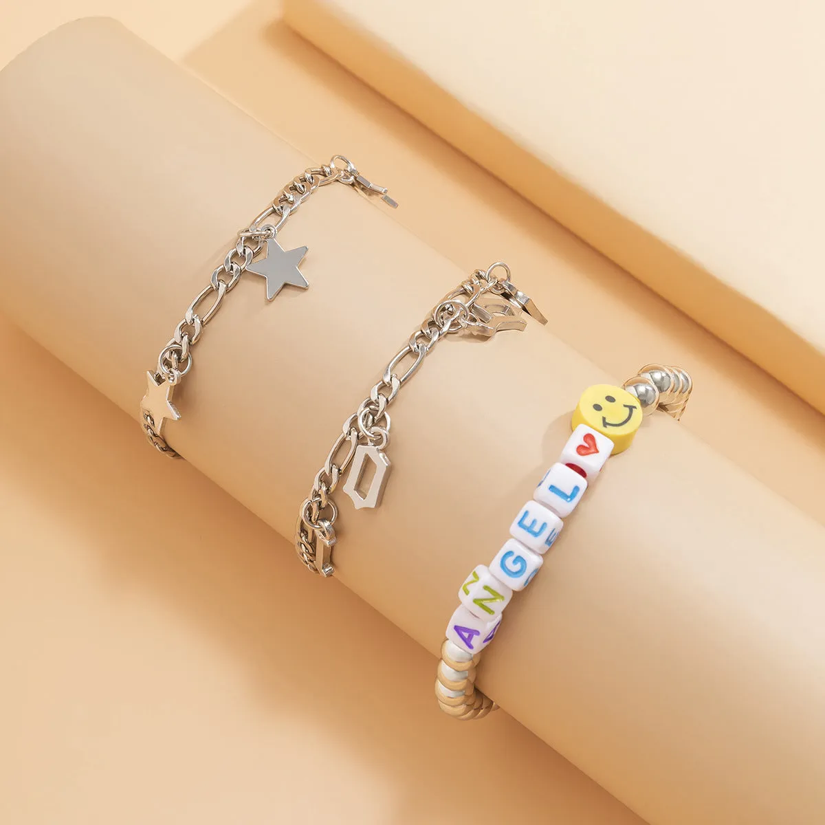 White Acrylic & Silver-Plated 'Love Angel' Beaded Stretch Bracelet Set