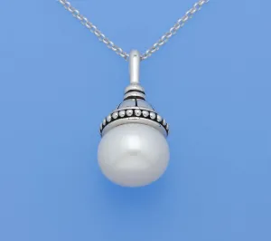 White and Black Plated Silver Pendant with 11.5-12mm Button Shape Freshwater Pearl