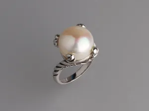 White and Black Plated Silver Ring with 13.5-14mm Button Shape Freshwater Pearl