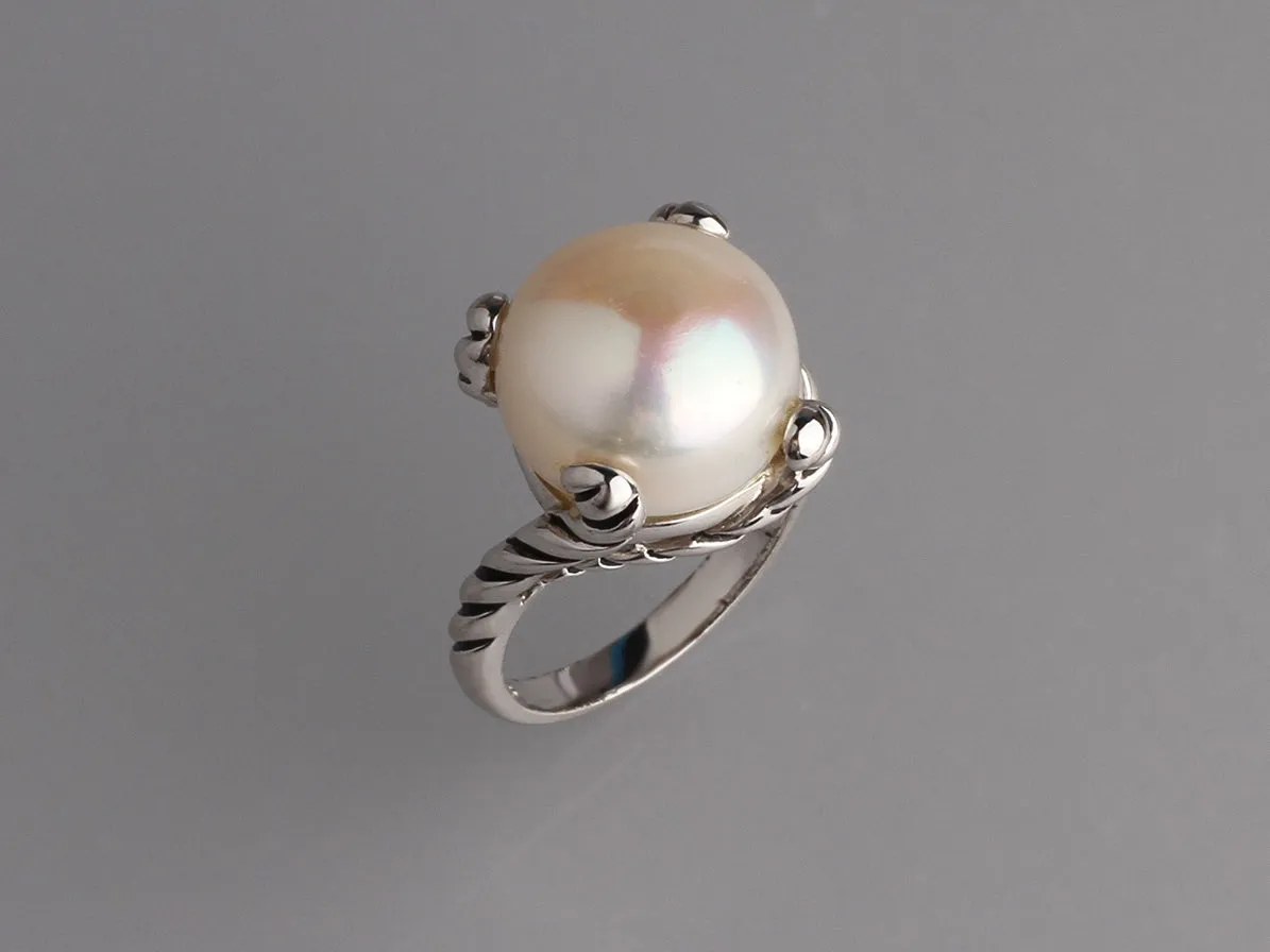 White and Black Plated Silver Ring with 13.5-14mm Button Shape Freshwater Pearl