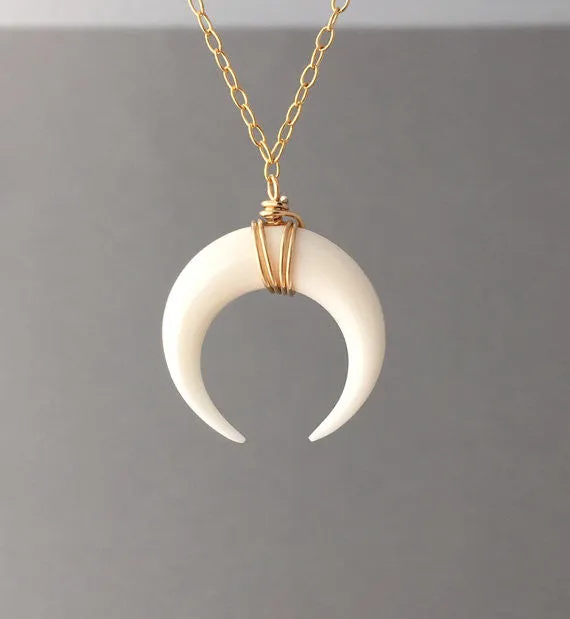 White Bone Double Horn Necklace // Crescent Moon