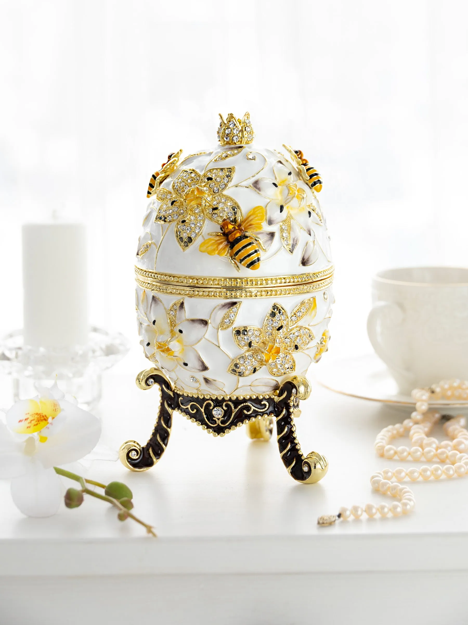White Faberge Egg with Bees and Flowers