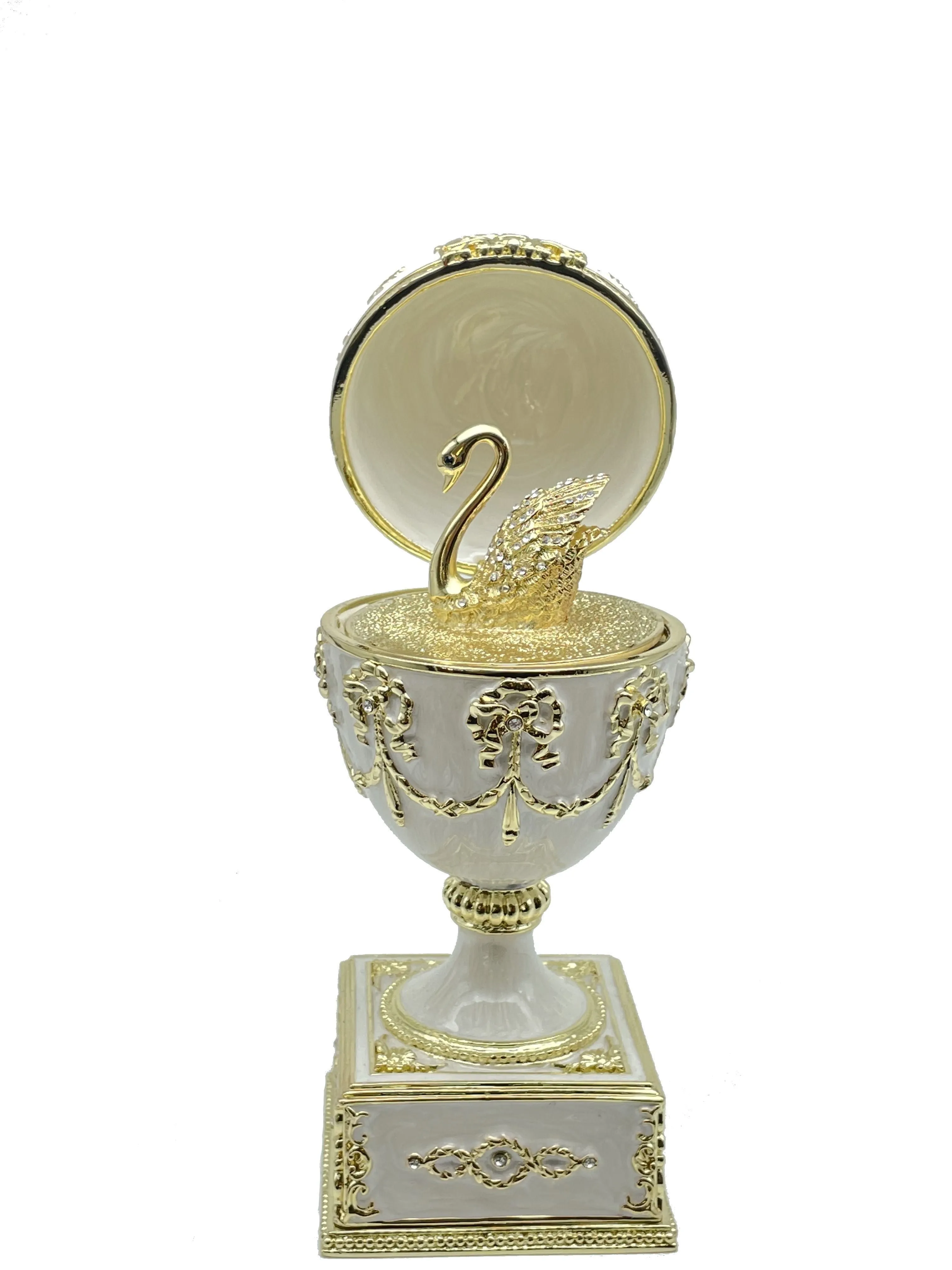 White Faberge Egg with Swan Inside