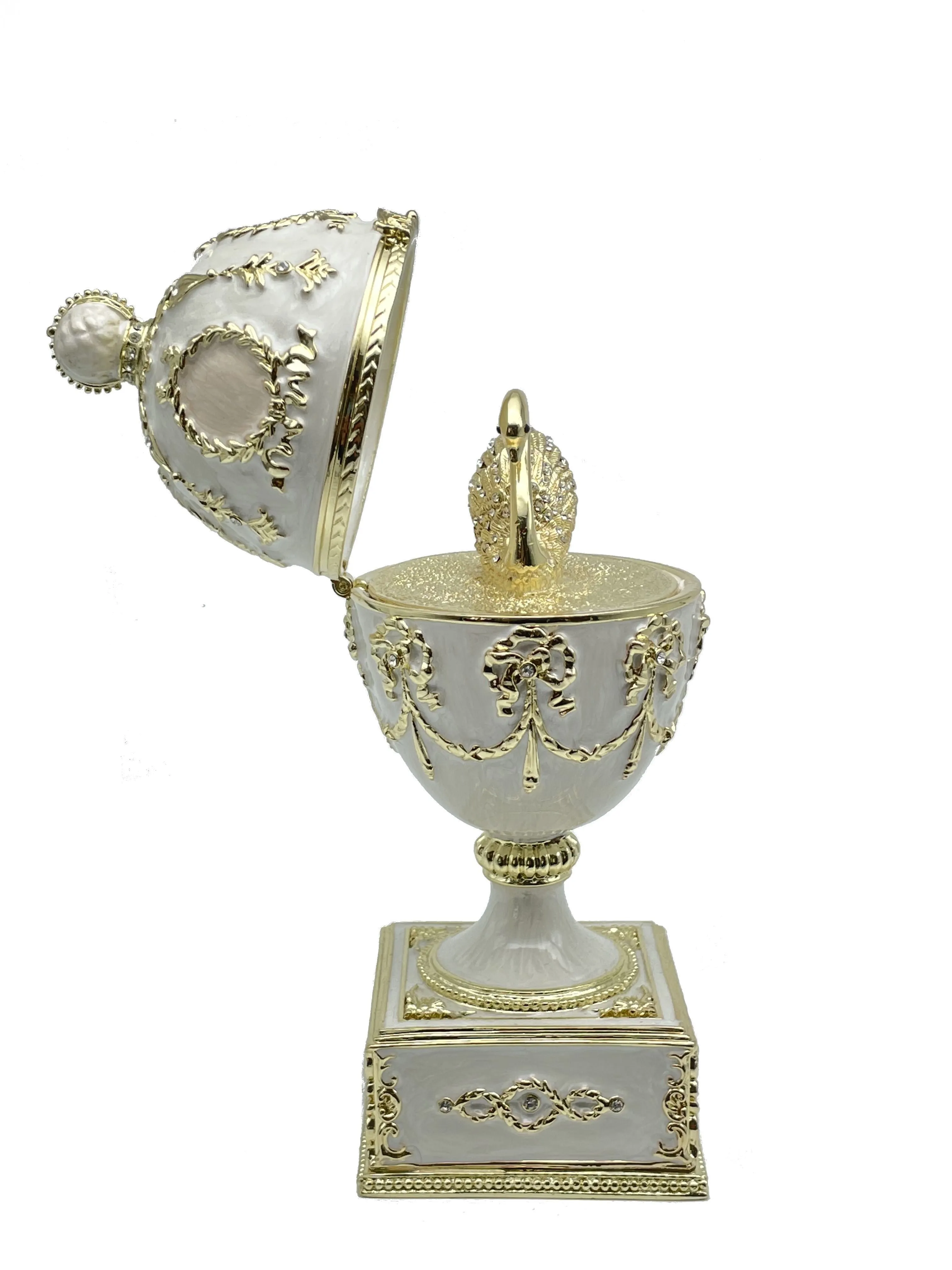 White Faberge Egg with Swan Inside