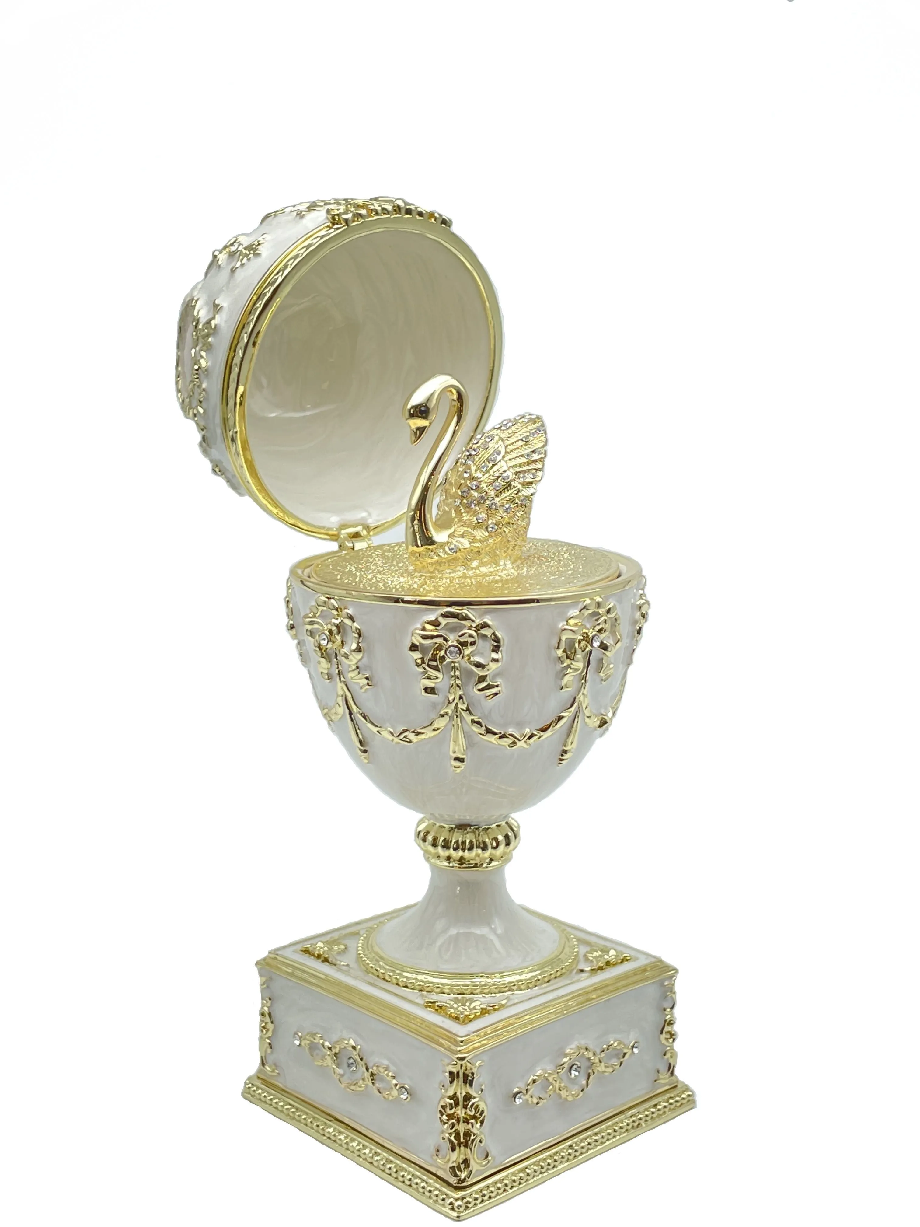 White Faberge Egg with Swan Inside