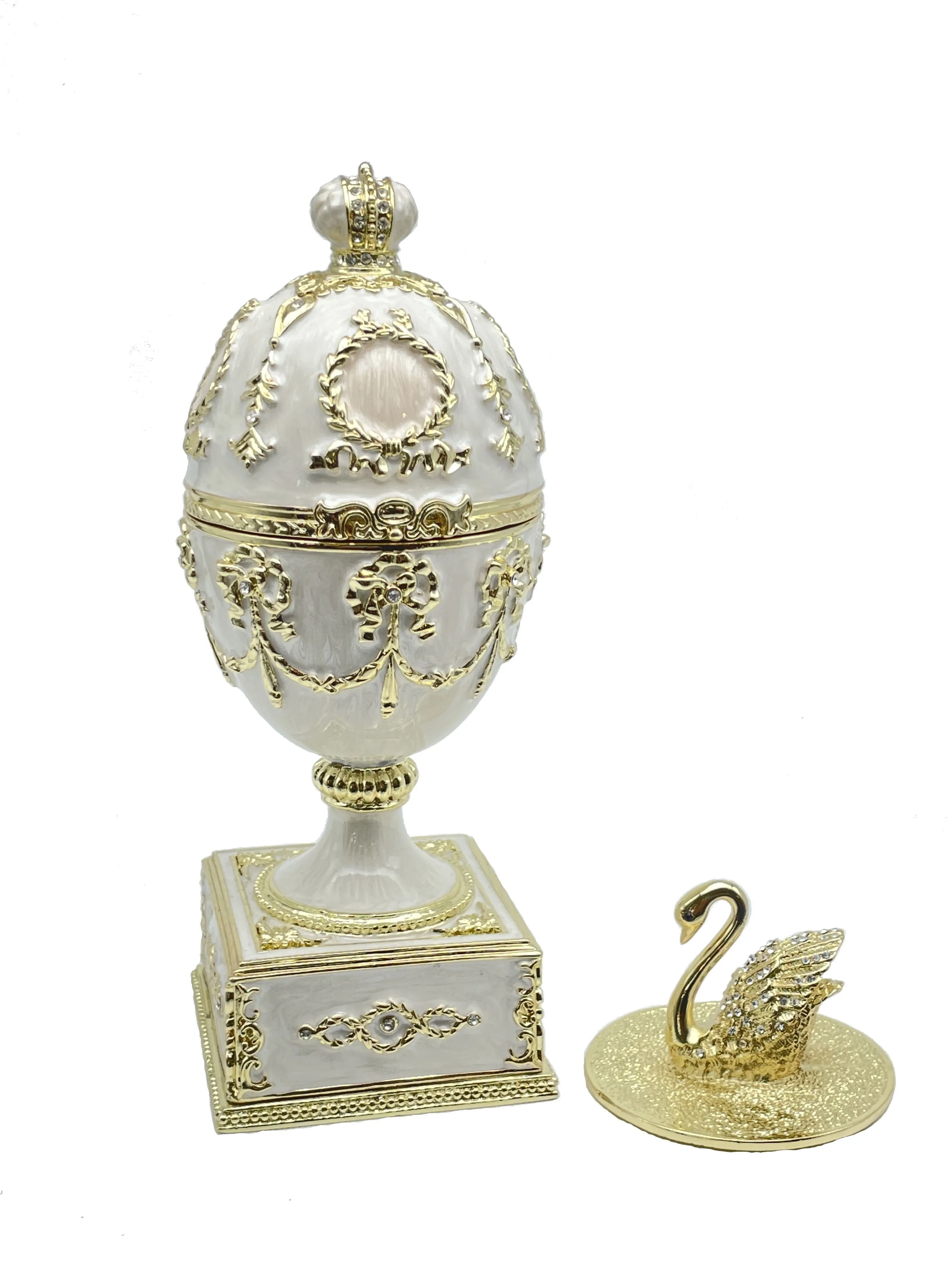 White Faberge Egg with Swan Inside