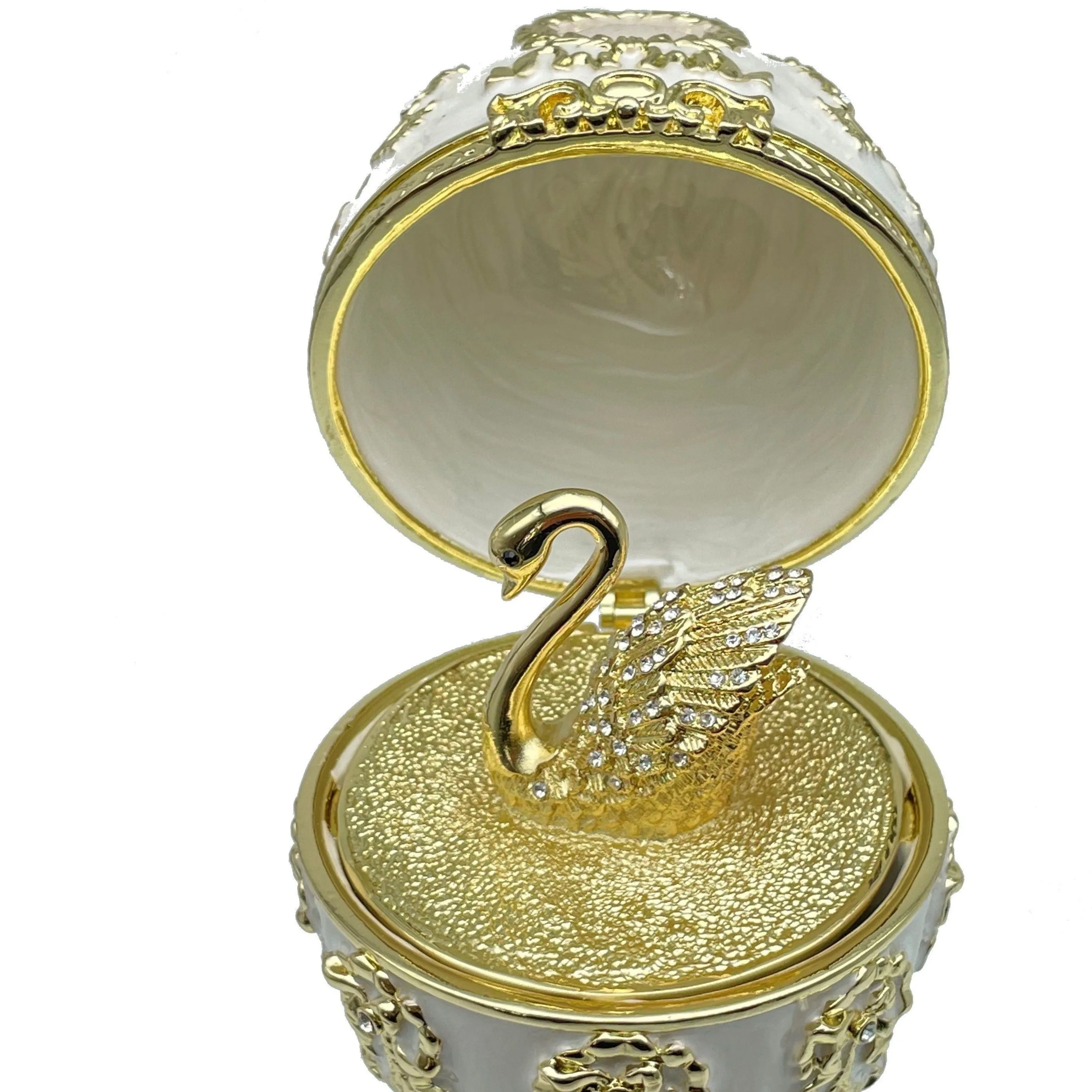 White Faberge Egg with Swan Inside