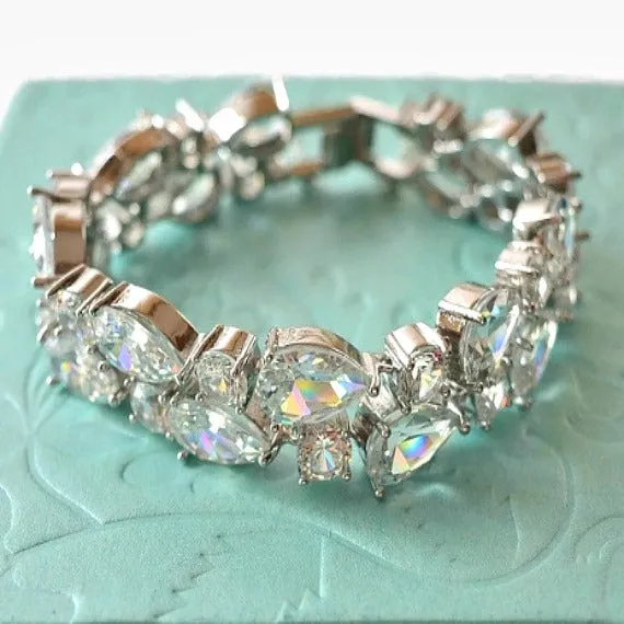 White Gold Cubic Zirconia Bridal Bracelet. CZ Crystal Bridal Wedding Cuff Bracelet. Tennis Crystal Bracelet. Silver Wedding Jewelry