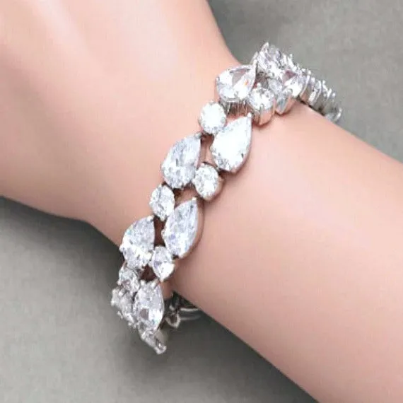White Gold Cubic Zirconia Bridal Bracelet. CZ Crystal Bridal Wedding Cuff Bracelet. Tennis Crystal Bracelet. Silver Wedding Jewelry