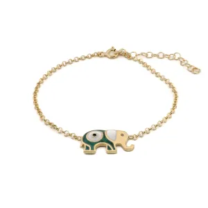 Wishful Elephant & Evil Eye Green Enamel Gold Chain Bracelet