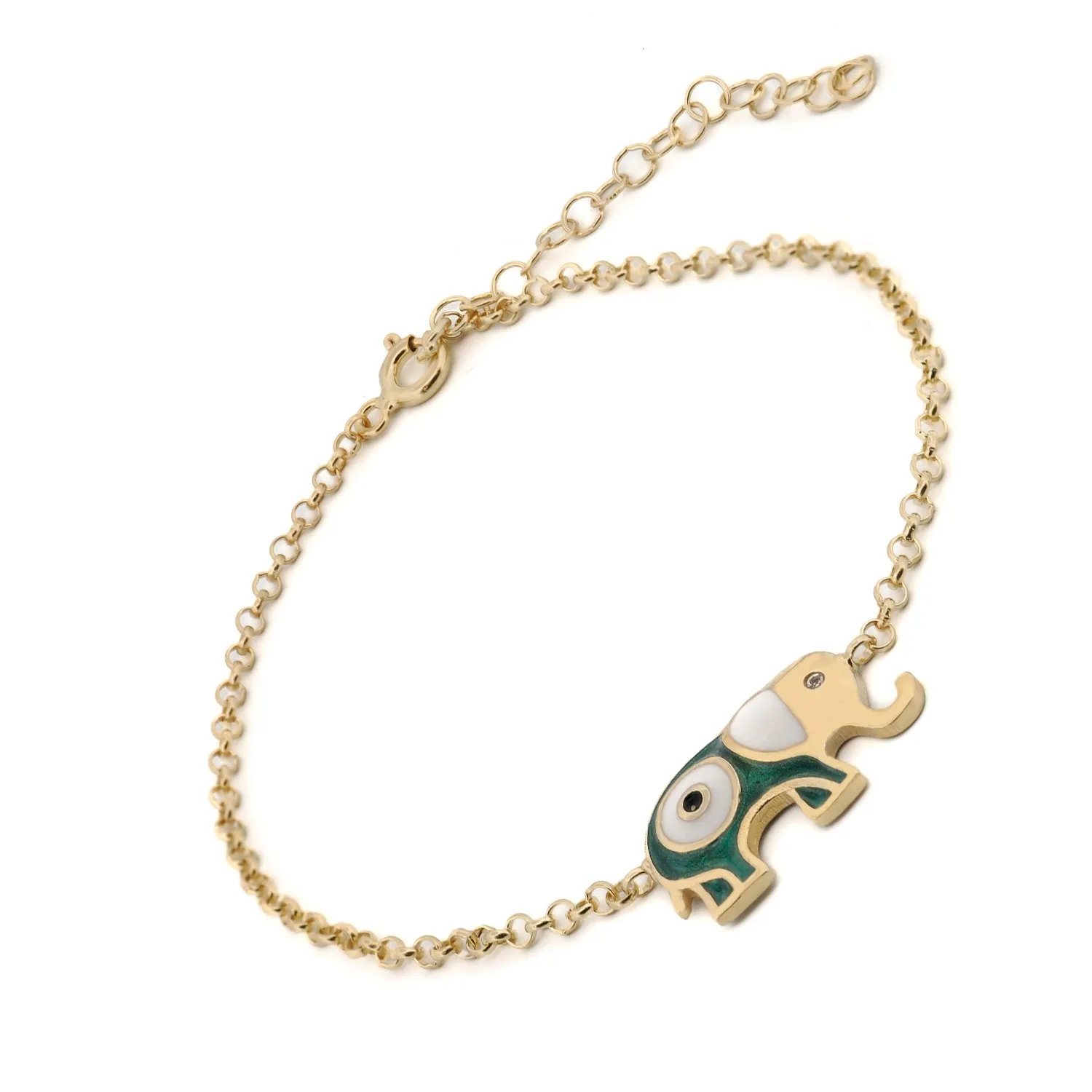 Wishful Elephant & Evil Eye Green Enamel Gold Chain Bracelet