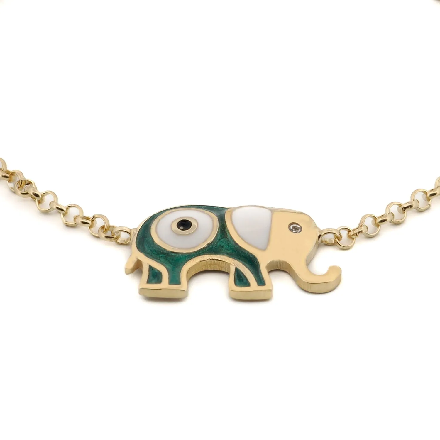 Wishful Elephant & Evil Eye Green Enamel Gold Chain Bracelet