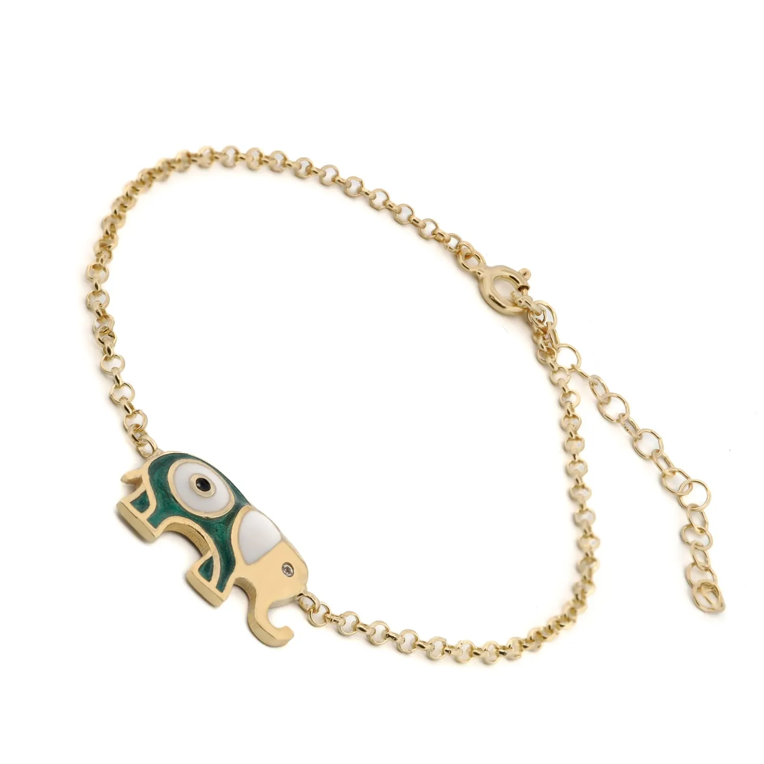 Wishful Elephant & Evil Eye Green Enamel Gold Chain Bracelet
