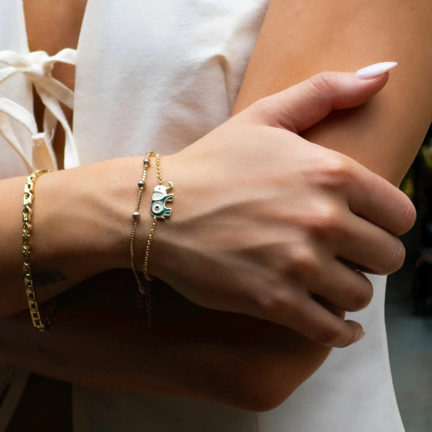 Wishful Elephant & Evil Eye Green Enamel Gold Chain Bracelet