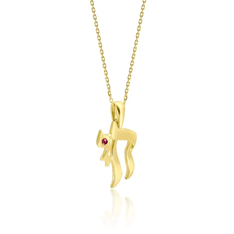 Yellow Gold Plated Chai Pendant Inlaid with Red Garnet