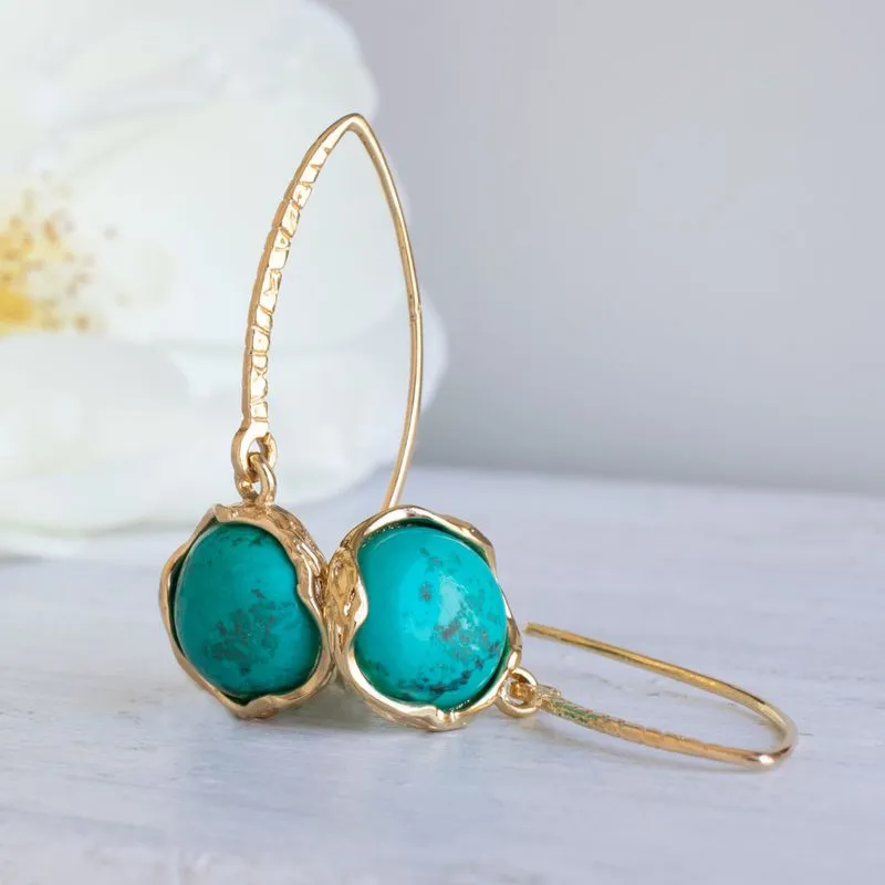 Yellow Gold Plated Drop Earrings Inlaid with Turquoise