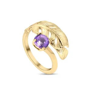 Yellow Gold Plated Feather Adjustable Ring with Amethyst gemstone