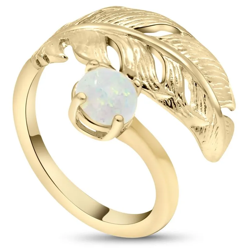 Yellow Gold Plated Feather Adjustable Ring with White Opal gemstone